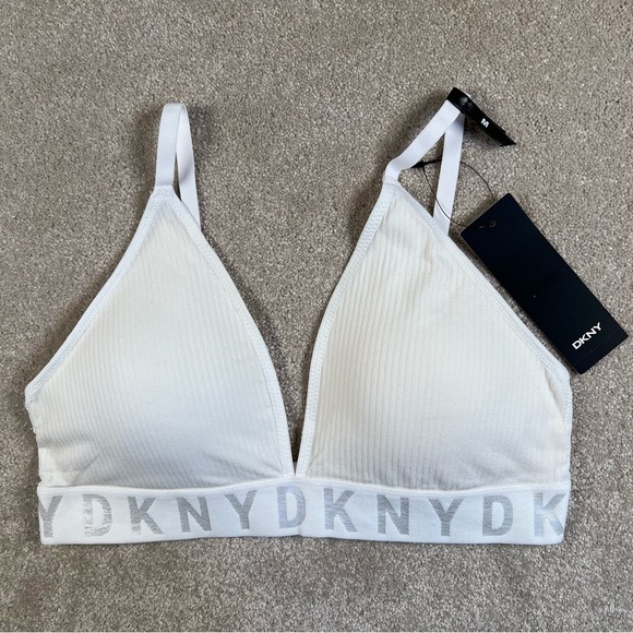 Dkny Other - DKNY Seamless Litewear Rib Bralette White Gray Logo NWT Adjustable Bra Medium
